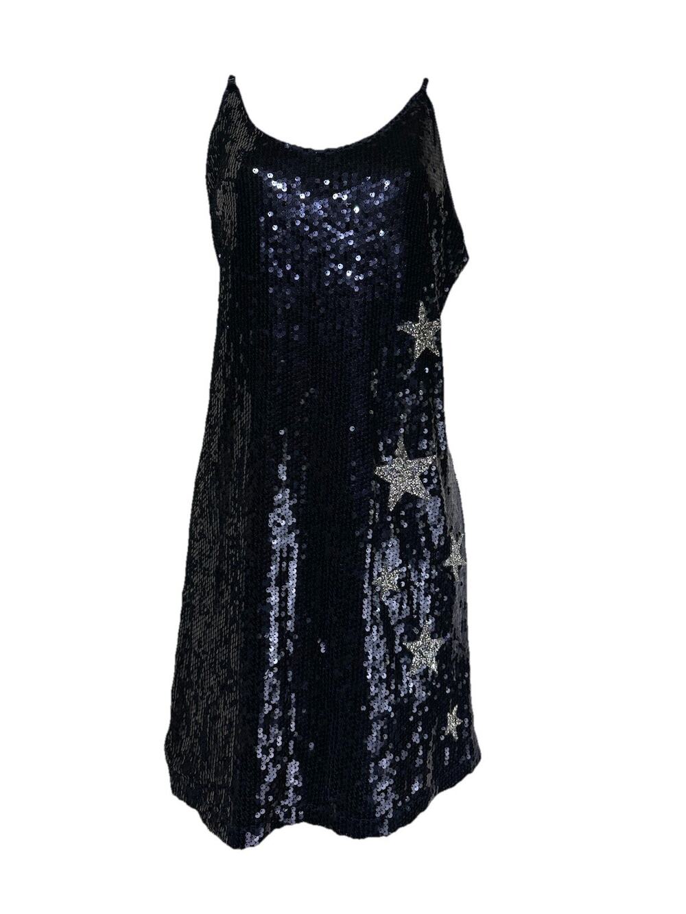 Allegra K Blue Silver Star Glitter Sequin Spaghetti Strap V Neck Mini Dress L